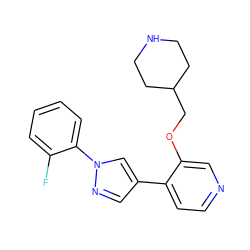 Fc1ccccc1-n1cc(-c2ccncc2OCC2CCNCC2)cn1 ZINC000584904708