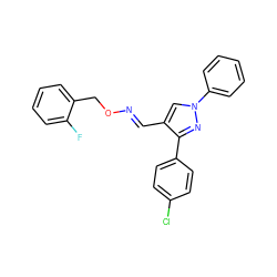 Fc1ccccc1CO/N=C/c1cn(-c2ccccc2)nc1-c1ccc(Cl)cc1 ZINC000653688008