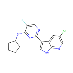 Fc1cnc(-c2c[nH]c3ncc(Cl)cc23)nc1NC1CCCC1 ZINC000204073941