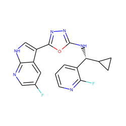 Fc1cnc2[nH]cc(-c3nnc(N[C@@H](c4cccnc4F)C4CC4)o3)c2c1 ZINC000103247500