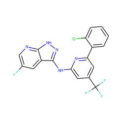 Fc1cnc2[nH]nc(Nc3cc(C(F)(F)F)cc(-c4ccccc4Cl)n3)c2c1 ZINC000043199865