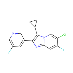 Fc1cncc(-c2nc3cc(F)c(Cl)cn3c2C2CC2)c1 ZINC000221923564