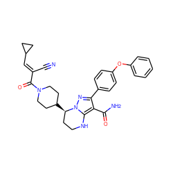 N#C/C(=C\C1CC1)C(=O)N1CCC([C@@H]2CCNc3c(C(N)=O)c(-c4ccc(Oc5ccccc5)cc4)nn32)CC1 ZINC001772583561