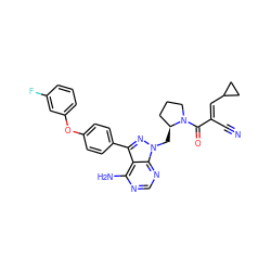 N#C/C(=C\C1CC1)C(=O)N1CCC[C@@H]1Cn1nc(-c2ccc(Oc3cccc(F)c3)cc2)c2c(N)ncnc21 ZINC000149746912