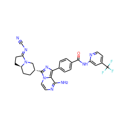 N#C/N=C1\CC[C@@H]2CC[C@@H](c3nc(-c4ccc(C(=O)Nc5cc(C(F)(F)F)ccn5)cc4)c4c(N)nccn34)CN12 ZINC000145450035