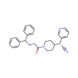 N#C[C@@H](c1cccnc1)C1CCN(C(=O)CNC(c2ccccc2)c2ccccc2)CC1 ZINC000013729338