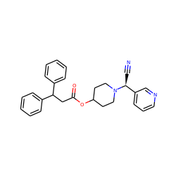 N#C[C@@H](c1cccnc1)N1CCC(OC(=O)CC(c2ccccc2)c2ccccc2)CC1 ZINC000013729090