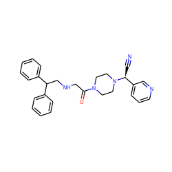 N#C[C@@H](c1cccnc1)N1CCN(C(=O)CNCC(c2ccccc2)c2ccccc2)CC1 ZINC000013729257