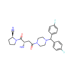 N#C[C@@H]1CCCN1C(=O)[C@@H](N)CC(=O)N1CCN(C(c2ccc(F)cc2)c2ccc(F)cc2)CC1 ZINC000014949334