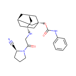 N#C[C@@H]1CCCN1C(=O)CN[C@@]12C[C@@H]3C[C@H](C1)C[C@@](OC(=O)Nc1ccccc1)(C3)C2 ZINC000103259458