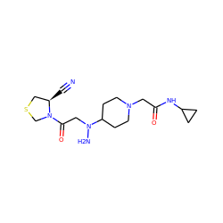 N#C[C@@H]1CSCN1C(=O)CN(N)C1CCN(CC(=O)NC2CC2)CC1 ZINC000049052607