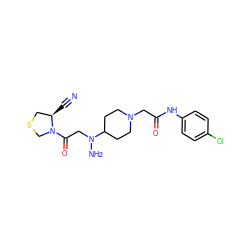 N#C[C@@H]1CSCN1C(=O)CN(N)C1CCN(CC(=O)Nc2ccc(Cl)cc2)CC1 ZINC000049021454