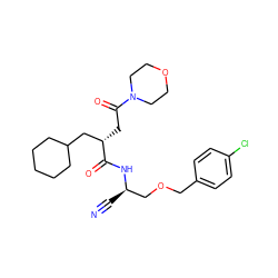 N#C[C@H](COCc1ccc(Cl)cc1)NC(=O)[C@@H](CC(=O)N1CCOCC1)CC1CCCCC1 ZINC000028817589