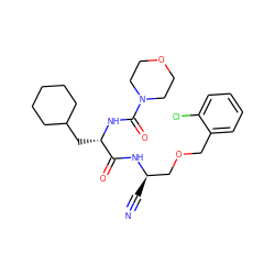 N#C[C@H](COCc1ccccc1Cl)NC(=O)[C@H](CC1CCCCC1)NC(=O)N1CCOCC1 ZINC000013492540