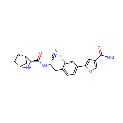 N#C[C@H](Cc1ccc(-c2cc(C(N)=O)co2)cc1F)NC(=O)[C@H]1N[C@@H]2CC[C@H]1C2 ZINC000219296676