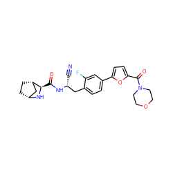 N#C[C@H](Cc1ccc(-c2ccc(C(=O)N3CCOCC3)o2)cc1F)NC(=O)[C@H]1N[C@@H]2CC[C@H]1C2 ZINC000219322733