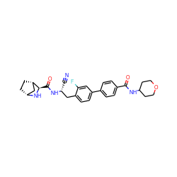 N#C[C@H](Cc1ccc(-c2ccc(C(=O)NC3CCOCC3)cc2)cc1F)NC(=O)[C@H]1N[C@@H]2CC[C@H]1C2 ZINC000219295944