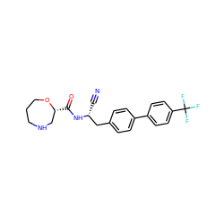 N#C[C@H](Cc1ccc(-c2ccc(C(F)(F)F)cc2)cc1)NC(=O)[C@@H]1CNCCCO1 ZINC001772617827