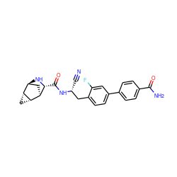 N#C[C@H](Cc1ccc(-c2ccc(C(N)=O)cc2)cc1F)NC(=O)[C@H]1N[C@H]2C[C@@H]1[C@@H]1C[C@H]21 ZINC000219298171