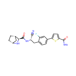 N#C[C@H](Cc1ccc(-c2ccc(C(N)=O)s2)cc1F)NC(=O)[C@H]1N[C@@H]2CC[C@H]1C2 ZINC000219298369