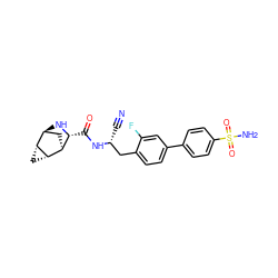 N#C[C@H](Cc1ccc(-c2ccc(S(N)(=O)=O)cc2)cc1F)NC(=O)[C@H]1N[C@H]2C[C@@H]1[C@@H]1C[C@H]21 ZINC000261128467