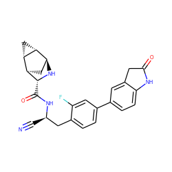 N#C[C@H](Cc1ccc(-c2ccc3c(c2)CC(=O)N3)cc1F)NC(=O)[C@H]1N[C@H]2C[C@@H]1[C@@H]1C[C@H]21 ZINC000219318951