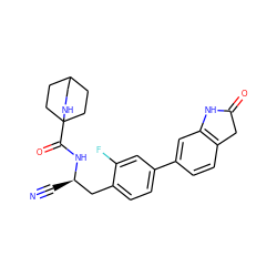 N#C[C@H](Cc1ccc(-c2ccc3c(c2)NC(=O)C3)cc1F)NC(=O)C12CCC(CC1)CN2 ZINC000169710027