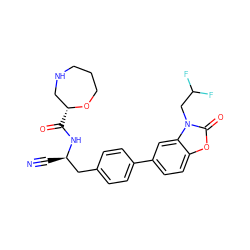 N#C[C@H](Cc1ccc(-c2ccc3oc(=O)n(CC(F)F)c3c2)cc1)NC(=O)[C@@H]1CNCCCO1 ZINC001772635864