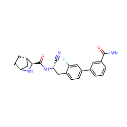 N#C[C@H](Cc1ccc(-c2cccc(C(N)=O)c2)cc1F)NC(=O)[C@H]1N[C@@H]2CC[C@H]1C2 ZINC000219291887