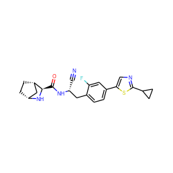 N#C[C@H](Cc1ccc(-c2cnc(C3CC3)s2)cc1F)NC(=O)[C@H]1N[C@@H]2CC[C@H]1C2 ZINC000219311947