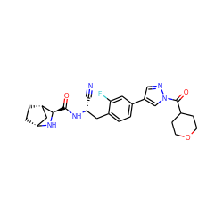 N#C[C@H](Cc1ccc(-c2cnn(C(=O)C3CCOCC3)c2)cc1F)NC(=O)[C@H]1N[C@@H]2CC[C@H]1C2 ZINC000220829918