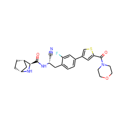 N#C[C@H](Cc1ccc(-c2csc(C(=O)N3CCOCC3)c2)cc1F)NC(=O)[C@H]1N[C@@H]2CC[C@H]1C2 ZINC000219313862