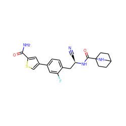 N#C[C@H](Cc1ccc(-c2csc(C(N)=O)c2)cc1F)NC(=O)C12CCC(CC1)CN2 ZINC000169710035