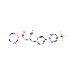 N#C[C@H](Cc1ccc(-c2ncc(C(F)(F)F)cn2)cc1)NC(=O)[C@@H]1CNCCCO1 ZINC001772599215