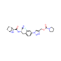 N#C[C@H](Cc1ccc(-n2cc(COC(=O)N3CCCC3)nn2)cc1F)NC(=O)[C@H]1N[C@@H]2CC[C@H]1C2 ZINC000219295612