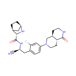 N#C[C@H](Cc1ccc(N2CC[C@H]3C(=O)NCC[C@@H]3C2)cc1F)NC(=O)[C@H]1N[C@@H]2CC[C@H]1C2 ZINC000219312015