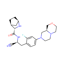 N#C[C@H](Cc1ccc(N2CCN3CCOC[C@@H]3C2)cc1F)NC(=O)[C@H]1N[C@@H]2CC[C@H]1C2 ZINC000219295482