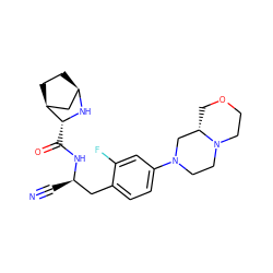 N#C[C@H](Cc1ccc(N2CCN3CCOC[C@H]3C2)cc1F)NC(=O)[C@H]1N[C@@H]2CC[C@H]1C2 ZINC000219315367