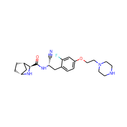 N#C[C@H](Cc1ccc(OCCN2CCNCC2)cc1F)NC(=O)[C@H]1N[C@@H]2CC[C@H]1C2 ZINC000219319796