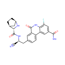 N#C[C@H](Cc1ccc2c(c1)c(=O)[nH]c1c(F)cc(C(N)=O)cc12)NC(=O)[C@H]1N[C@@H]2CC[C@H]1C2 ZINC000219322772