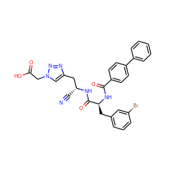 N#C[C@H](Cc1cn(CC(=O)O)nn1)NC(=O)[C@H](Cc1cccc(Br)c1)NC(=O)c1ccc(-c2ccccc2)cc1 ZINC000653888088