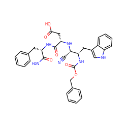 N#C[C@H](N[C@@H](CC(=O)O)C(=O)N[C@@H](Cc1ccccc1)C(N)=O)[C@H](Cc1c[nH]c2ccccc12)NC(=O)OCc1ccccc1 ZINC000027982923