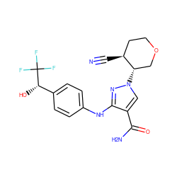 N#C[C@H]1CCOC[C@@H]1n1cc(C(N)=O)c(Nc2ccc([C@H](O)C(F)(F)F)cc2)n1 ZINC000220676551