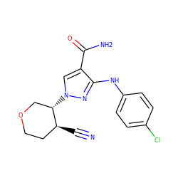 N#C[C@H]1CCOC[C@@H]1n1cc(C(N)=O)c(Nc2ccc(Cl)cc2)n1 ZINC000204985782