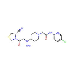 N#C[C@H]1CSCN1C(=O)CN(N)C1CCN(CC(=O)Nc2ccc(Cl)cn2)CC1 ZINC000038576004