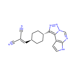 N#CC(C#N)=C[C@H]1CC[C@H](c2nnn3cnc4[nH]ccc4c23)CC1 ZINC001772639390