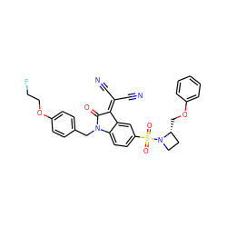 N#CC(C#N)=C1C(=O)N(Cc2ccc(OCCF)cc2)c2ccc(S(=O)(=O)N3CC[C@H]3COc3ccccc3)cc21 ZINC000071329676