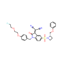 N#CC(C#N)=C1C(=O)N(Cc2ccc(OCCOCCF)cc2)c2ccc(S(=O)(=O)N3CC[C@H]3COc3ccccc3)cc21 ZINC000071316369