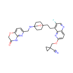 N#CC1(COc2ccc3ncc(F)c(CCC45CCC(NCc6ccc7c(n6)NC(=O)CO7)(CC4)CO5)c3n2)CC1 ZINC000206106454