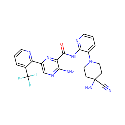 N#CC1(N)CCN(c2cccnc2NC(=O)c2nc(-c3ncccc3C(F)(F)F)cnc2N)CC1 ZINC001772631176